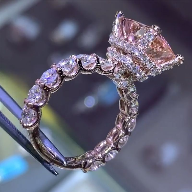 Double Under Halo Cushion Cut Fancy Pink Gemstone Engagement Ring