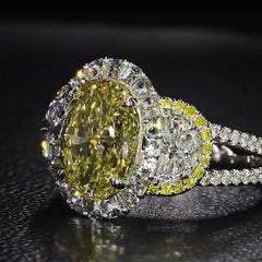 iAthena Halo Oval Cut Created Yellow Gemstone Three Stone Engagement Ring