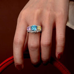 iiAthena Halo Cushion Cut Three Stone Engagement Ring