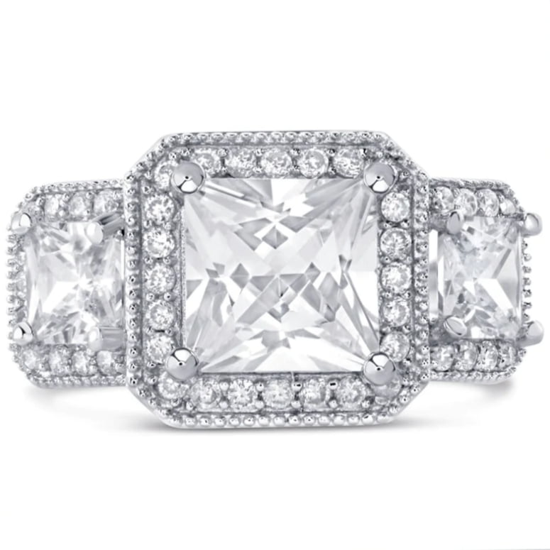 iiAthena Halo Princess Cut Art Deco Three Stone Moissanite Engagement Ring