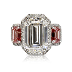 iiAthena 3CT Halo Emerald Cut Moissanite Enagement Ring With Pink Side stones