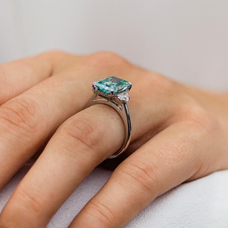 Three Stone Radiant Cut Green Paraiba Tourmaline Engagement Ring
