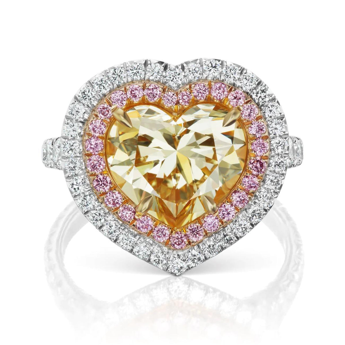 6CT Yellow Gemstone Heart Shaped Pink Double Halo Engagement Ring