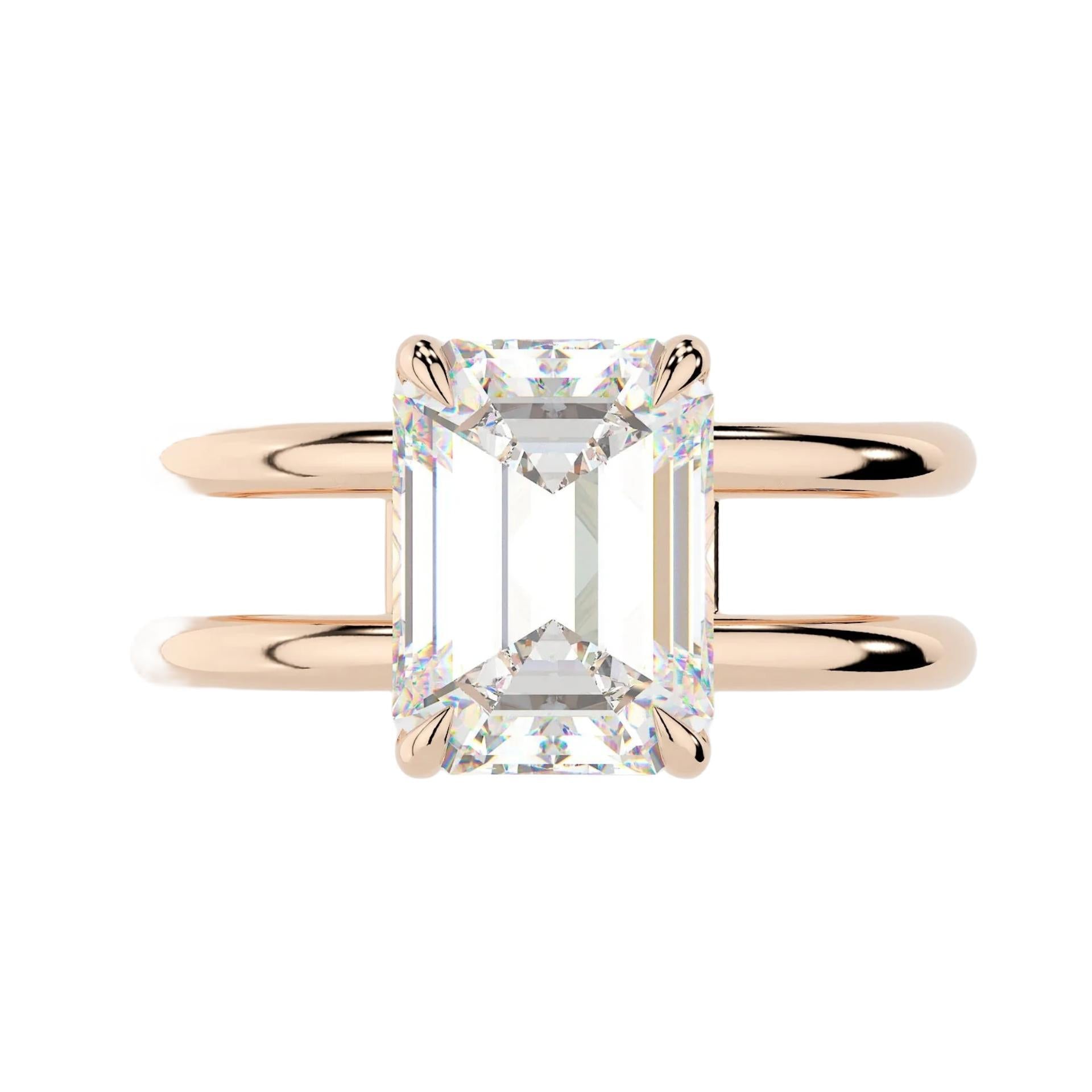 Emerald Cut Moissanite Engagement Ring With Double Solitaire Bands