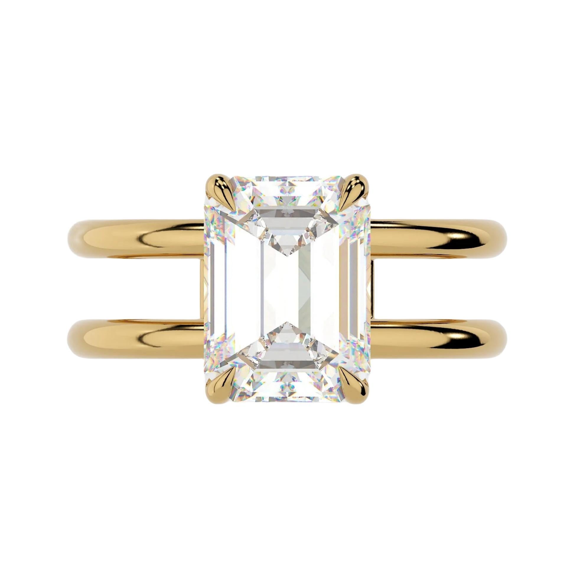 Emerald Cut Moissanite Engagement Ring With Double Solitaire Bands