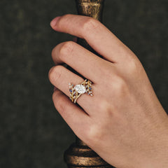 Leaf Design Oval Moissanite Engagement Ring With Enhancer Wedding Band