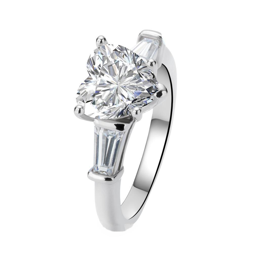 2.0ct Heart Shaped Three Stone Moissanite Engagement Ring With Baguette Side Accentss