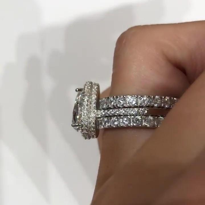 Halo Pear Cut 3 Pieces Moissanite Bridal Set Wedding Ring Set