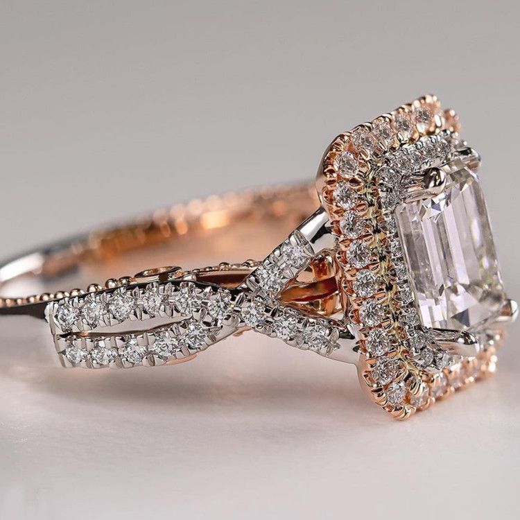 iiAthena Double Halo Emerald Cut Twisted Moissanite Engagement Ring
