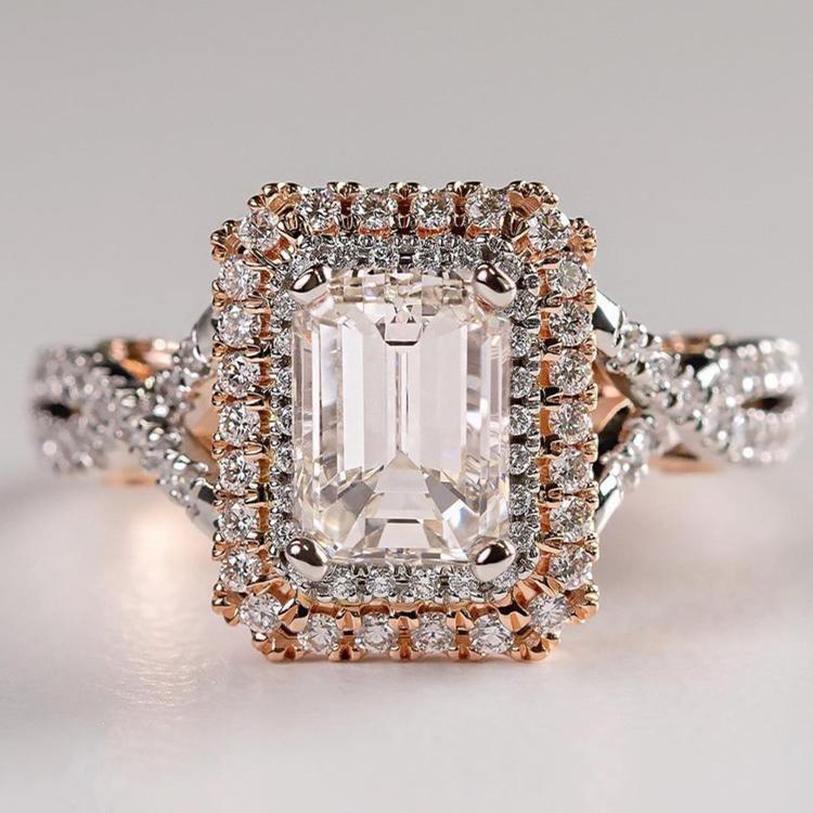 iiAthena Double Halo Emerald Cut Twisted Moissanite Engagement Ring