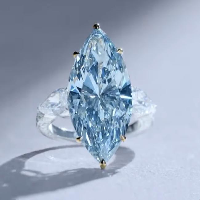Three Stone 3 Carat Marquise Cut Intense Blue Engagement Ring