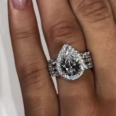 Halo Pear Cut 3 Pieces Moissanite Bridal Set Wedding Ring Set